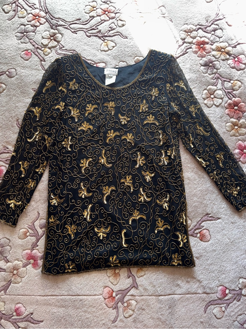 Vintage Black Long Sleeve Top with Gold Scroll Embellishment